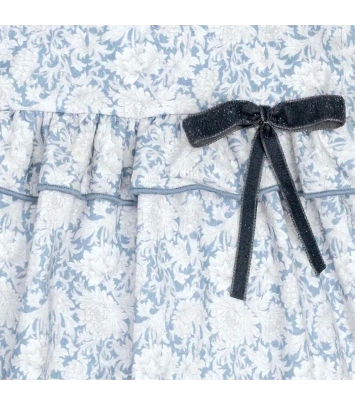 Detalles del vestido niña azul toile algodón volante cuello lazo contraste estampado detalle
