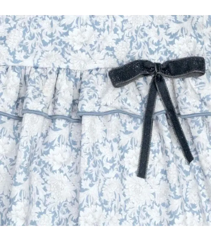 Detalles del vestido niña azul toile algodón volante cuello lazo contraste estampado detalle