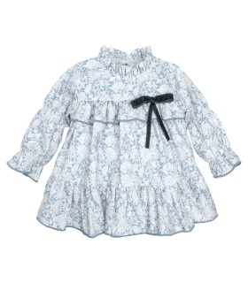 Vestido niña azul toile algodón volante cuello lazo contraste estampado detalle en fondo blanco