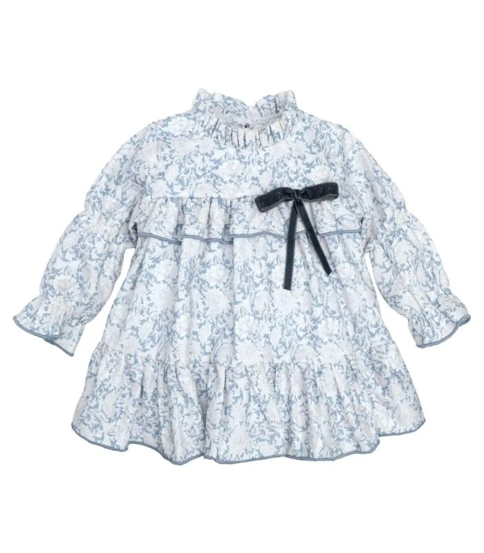 Vestido niña azul toile algodón volante cuello lazo contraste estampado detalle en fondo blanco