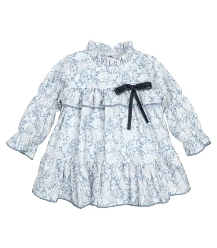 Vestido niña azul toile algodón volante cuello lazo contraste estampado detalle en fondo blanco