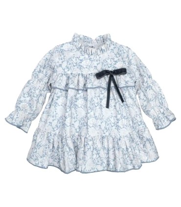Vestido niña azul toile algodón volante cuello lazo contraste estampado detalle en fondo blanco