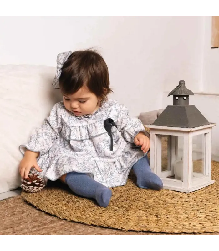 Bebé con el vestido niña azul toile algodón volante cuello lazo contraste estampado detalle