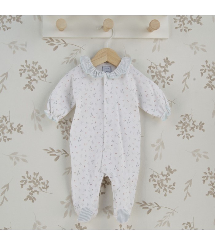 Pelele entero niña marfil de algodón con estampado floral y cuello bebé