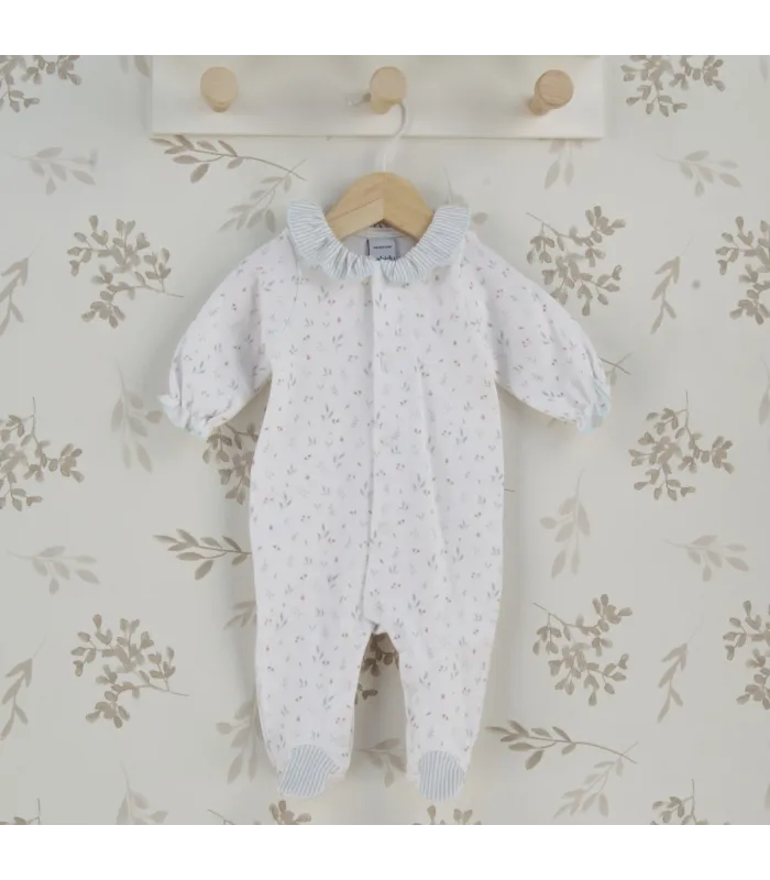 Pelele entero niña marfil de algodón con estampado floral y cuello bebé