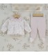 Conjunto polaina volante bebé niña de algodón con blusa floral, cuello rosa y polaina de rayas