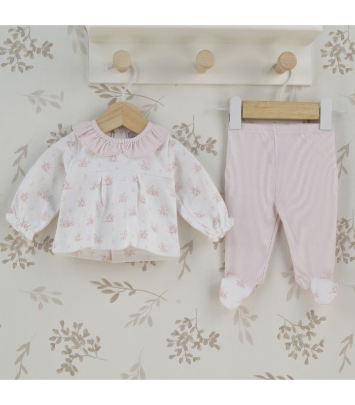Conjunto polaina volante bebé niña de algodón con blusa floral, cuello rosa y polaina de rayas