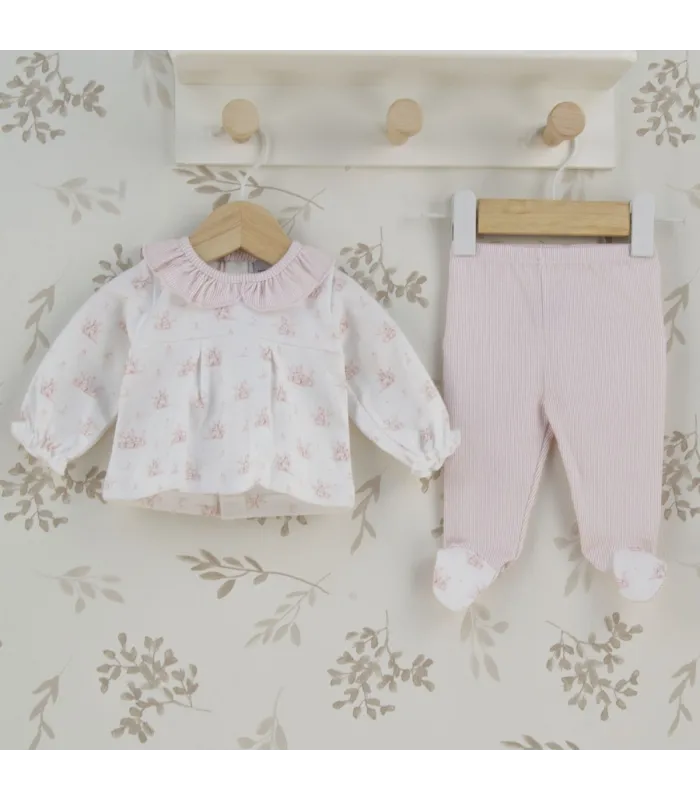 Conjunto polaina volante bebé niña de algodón con blusa floral, cuello rosa y polaina de rayas