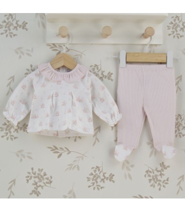 Conjunto polaina volante bebé niña de algodón con blusa floral, cuello rosa y polaina de rayas