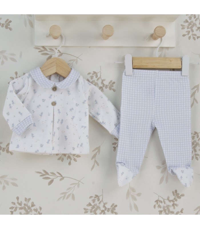 Conjunto polaina niño Nido de algodón celeste con cuello de cuadros y botones