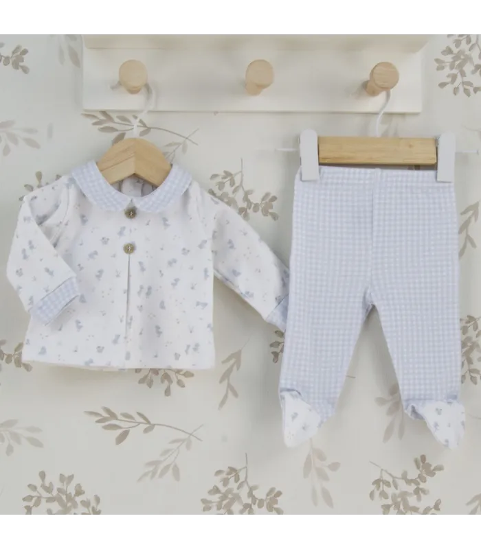 Conjunto polaina niño Nido de algodón celeste con cuello de cuadros y botones