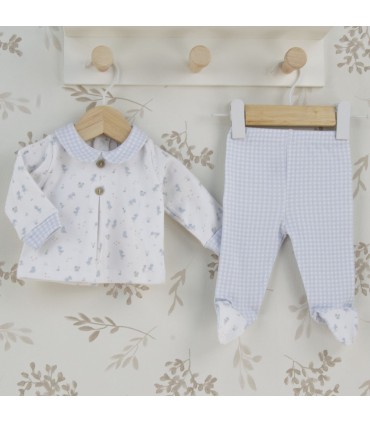 Conjunto polaina niño Nido de algodón celeste con cuello de cuadros y botones
