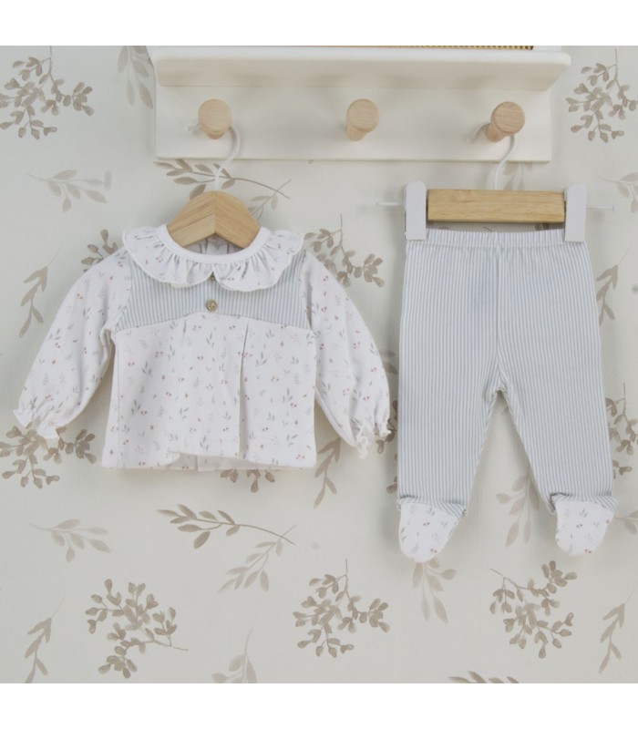 Conjunto polaina niña marfil de algodón con estampado floral, cuello fruncido y polaina