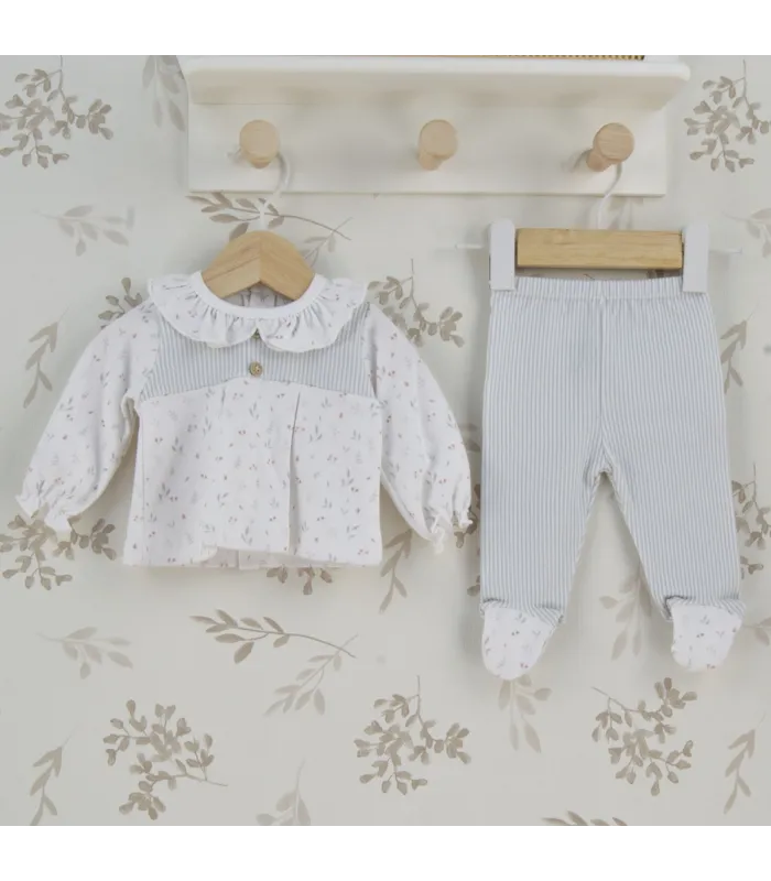 Conjunto polaina niña marfil de algodón con estampado floral, cuello fruncido y polaina
