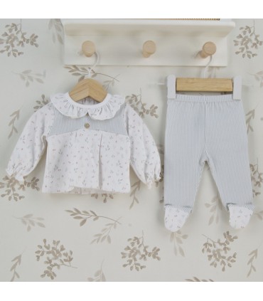 Conjunto polaina niña marfil de algodón con estampado floral, cuello fruncido y polaina