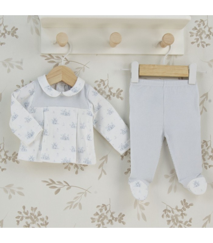 Conjunto polaina bebé niña marfil de algodón con estampado floral, cuello bebé y polaina