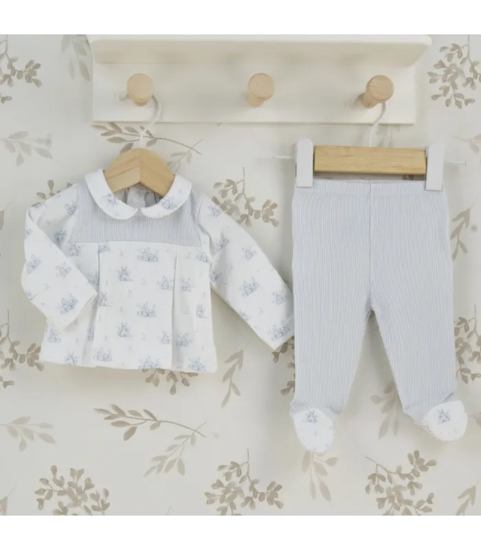 Conjunto polaina bebé niña marfil de algodón con estampado floral, cuello bebé y polaina