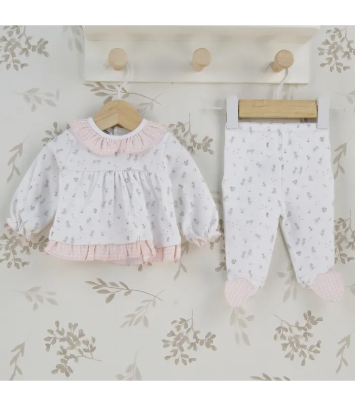Conjunto polaina volante niña Nido de algodón rosa con cuello y bajo de volante