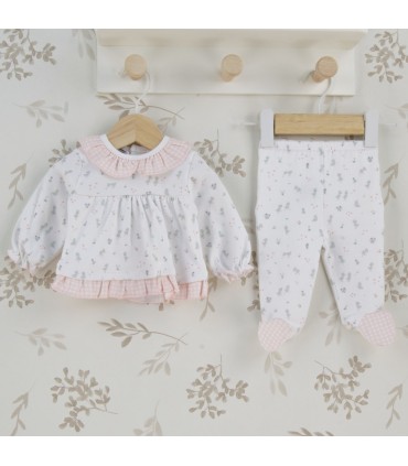 Conjunto polaina volante niña Nido de algodón rosa con cuello y bajo de volante
