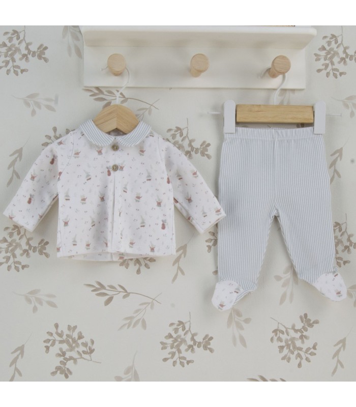 Conjunto polaina niño marfil de algodón con estampado floral, cuello bebé y pie