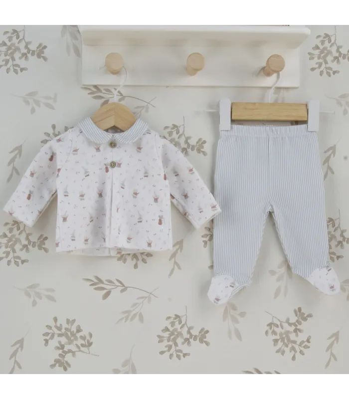 Conjunto polaina niño marfil de algodón con estampado floral, cuello bebé y pie