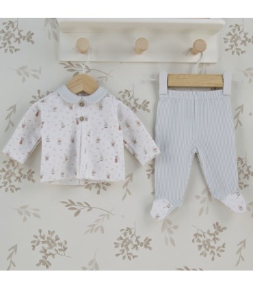 Conjunto polaina niño marfil de algodón con estampado floral, cuello bebé y pie