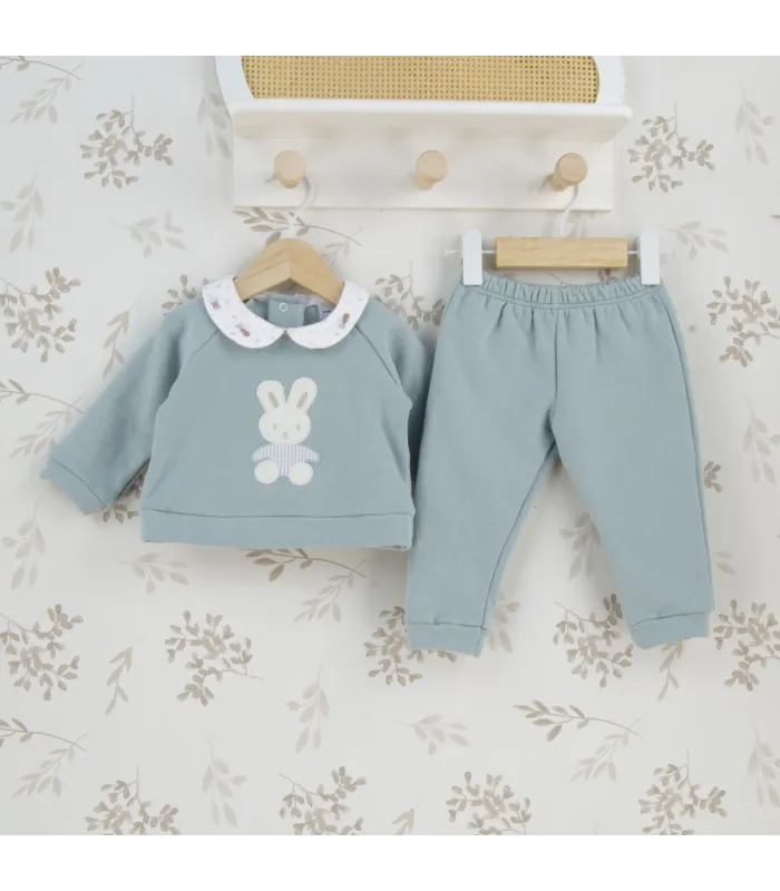 Conjunto felpa niño verde empolvado de algodón con cuello bebé y aplique de conejito