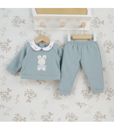 Conjunto felpa niño verde empolvado de algodón con cuello bebé y aplique de conejito