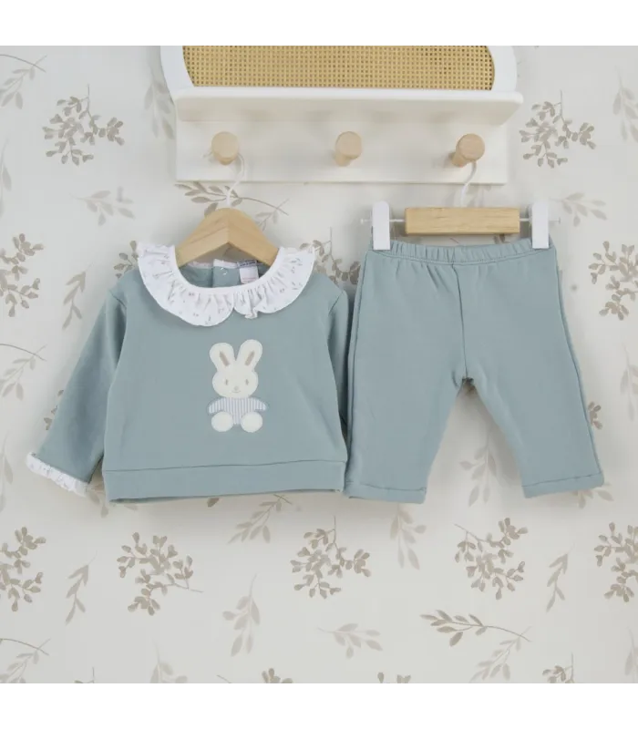 Conjunto felpa niña verde empolvado de algodón con cuello bebé y aplique de conejito