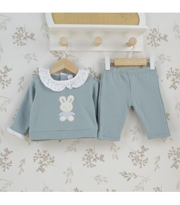 Conjunto felpa niña verde empolvado de algodón con cuello bebé y aplique de conejito