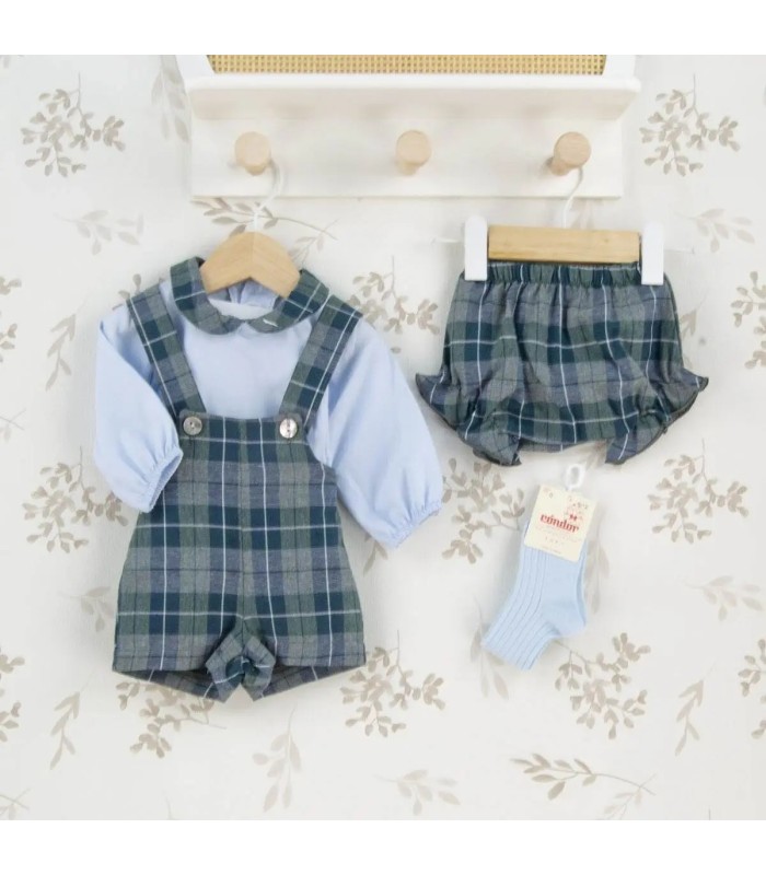 Conjunto Peto bebé cuadros verde invierno camisa algodón tirantes botones detalle clásico elegante