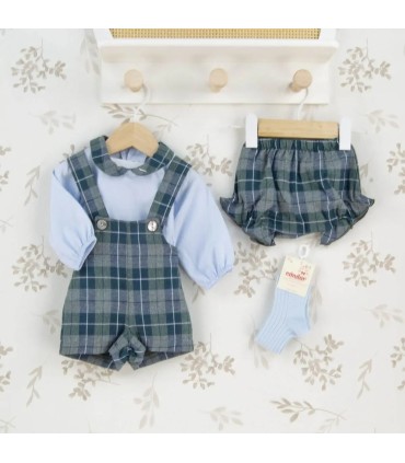 Conjunto Peto bebé cuadros verde invierno camisa algodón tirantes botones detalle clásico elegante