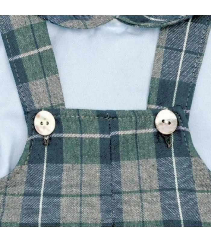 Detalles del conjunto peto bebé cuadros verde invierno camisa algodón tirantes botones detalle clásico elegante