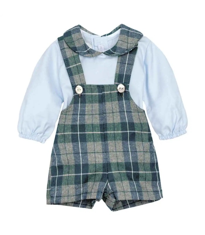 Conjunto Peto bebé cuadros verde invierno camisa algodón tirantes botones detalle clásico elegante en fondo blanco