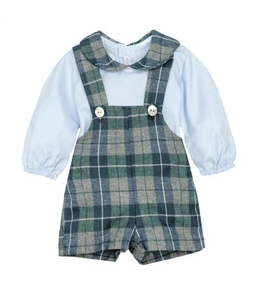 Conjunto Peto bebé cuadros verde invierno camisa algodón tirantes botones detalle clásico elegante en fondo blanco