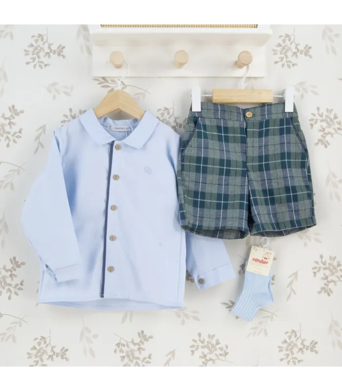 Conjunto Pantalón niño cuadros verde invierno camisa azul algodón botones look clásico elegante