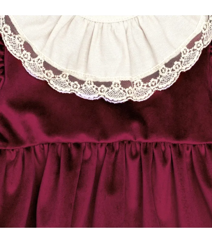 Detalles del vestido niña granate con cuello blanco de puntilla manga larga tejido suave elegante invierno