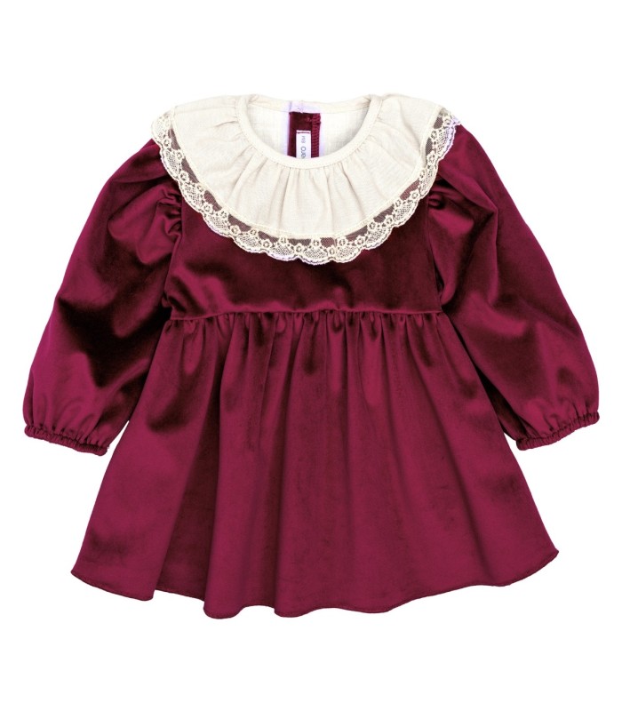 Vestido niña granate con cuello blanco de puntilla manga larga tejido suave elegante invierno con fondo blanco