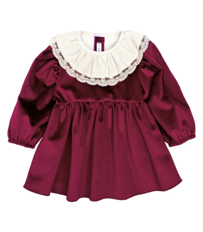 Vestido niña granate con cuello blanco de puntilla manga larga tejido suave elegante invierno con fondo blanco
