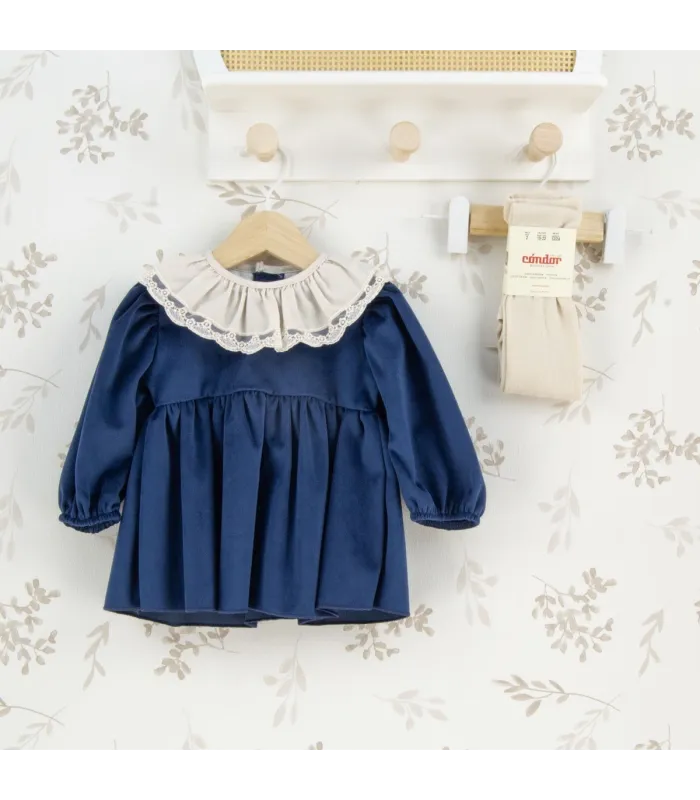Vestido niña azul marino con cuello blanco de puntilla manga larga tejido suave elegante invierno