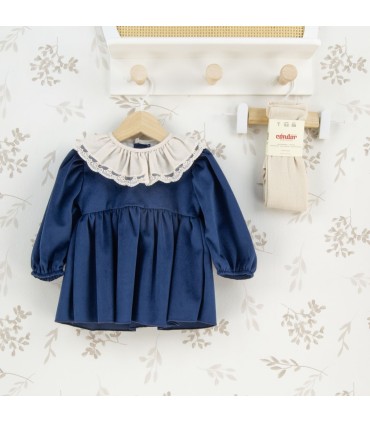 Vestido niña azul marino con cuello blanco de puntilla manga larga tejido suave elegante invierno