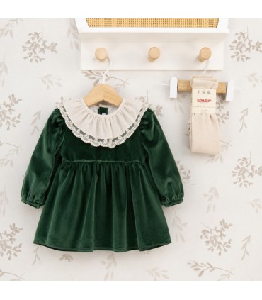 Vestido niña verde bosque con cuello blanco de puntilla manga larga tejido suave elegante invierno