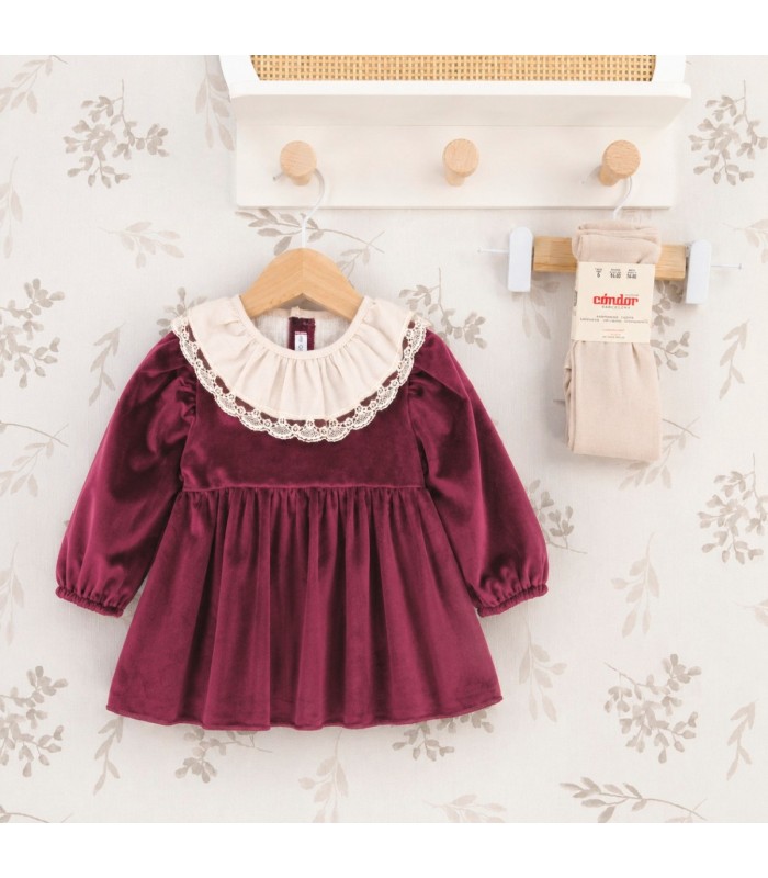 Vestido niña granate con cuello blanco de puntilla manga larga tejido suave elegante invierno