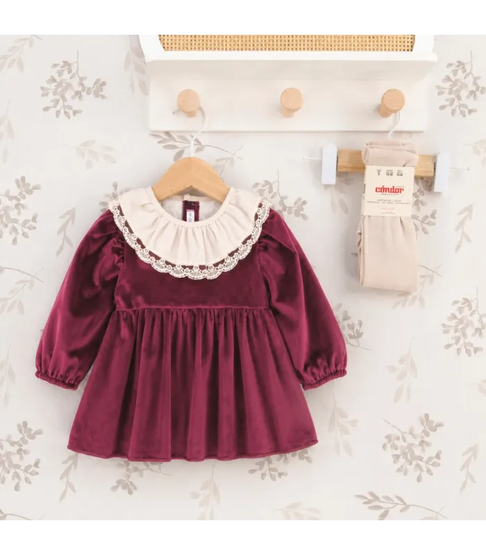 Vestido niña granate con cuello blanco de puntilla manga larga tejido suave elegante invierno