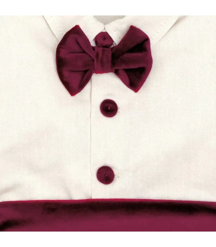 Detalles del conjunto pololo bebé granate elegante con camisa blanca pajarita y pantalón corto tejido suave invierno