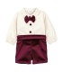 Conjunto Pololo bebé granate elegante con camisa blanca pajarita y pantalón corto tejido suave invierno en fondo blanco
