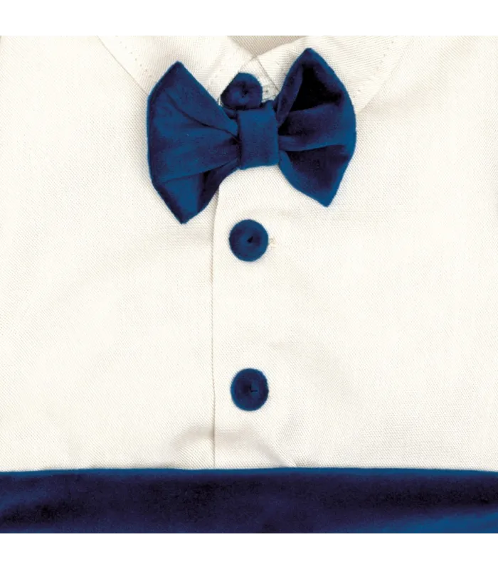 Detalles del conjunto pololo bebé azul marino elegante con camisa blanca pajarita y pantalón corto tejido suave invierno