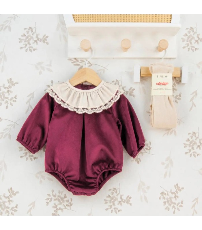 Pelele bebé granate elegante con cuello blanco de puntilla manga larga tejido suave invierno