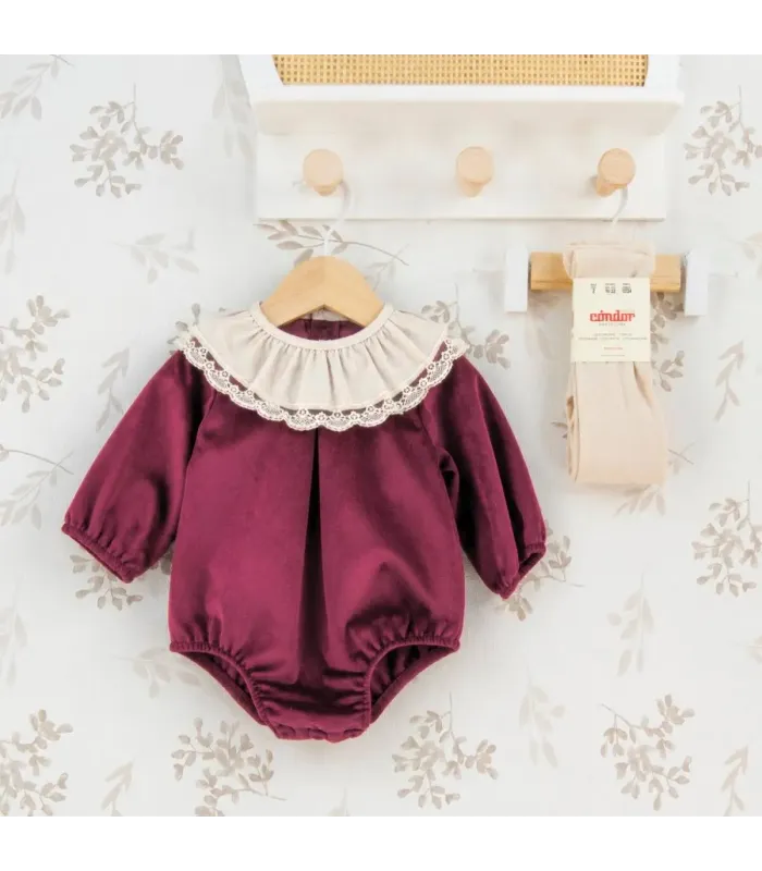 Pelele bebé granate elegante con cuello blanco de puntilla manga larga tejido suave invierno