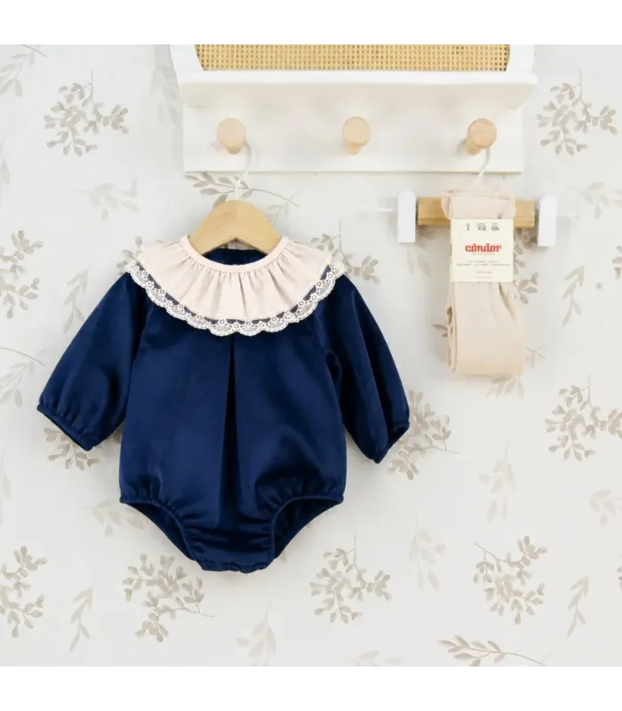 Pelele bebé azul marino con cuello blanco de puntilla manga larga tejido suave elegante invierno